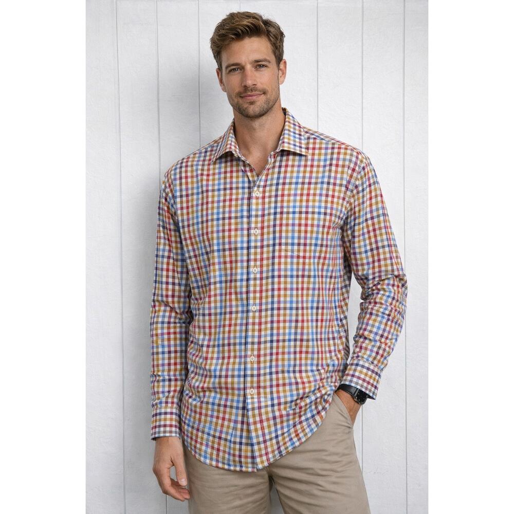 PETER MILLAR Men's 100% cotton multicolor button-down plaid shirt in Size L.